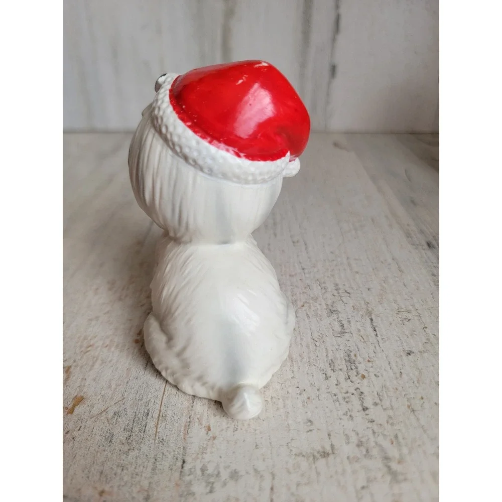 Lefton vintage white Maltese dog puppy Xmas mistletoe Santa hat figure